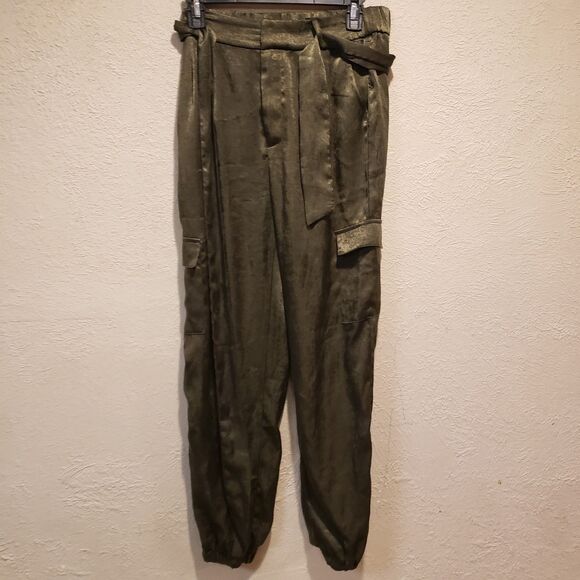 Urban Outfitters Satin Pants Dark Green Olive Pockets Size S-P High Rise E - Picture 2 of 9